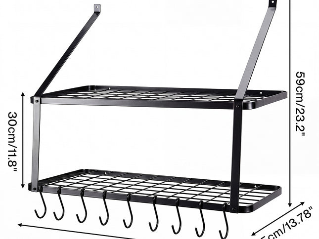 Toque Metal Pot Pan Rack Hanging Kitchen Shelf Wall Mounted Organizer 10 Hooks-2061251871485595650