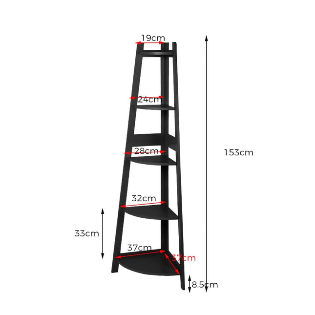 Levede 5 Tier Corner Shelf Wooden Storage Black-1954802945849692162
