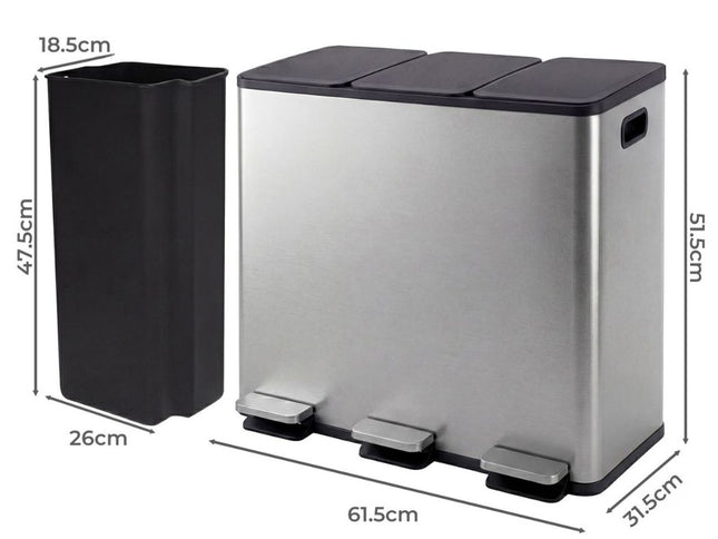 Toque Pedal Rubbish Bin Kitchen Trash Can Stainless Steel 3 x 18L Waterproof-2050056777290092546
