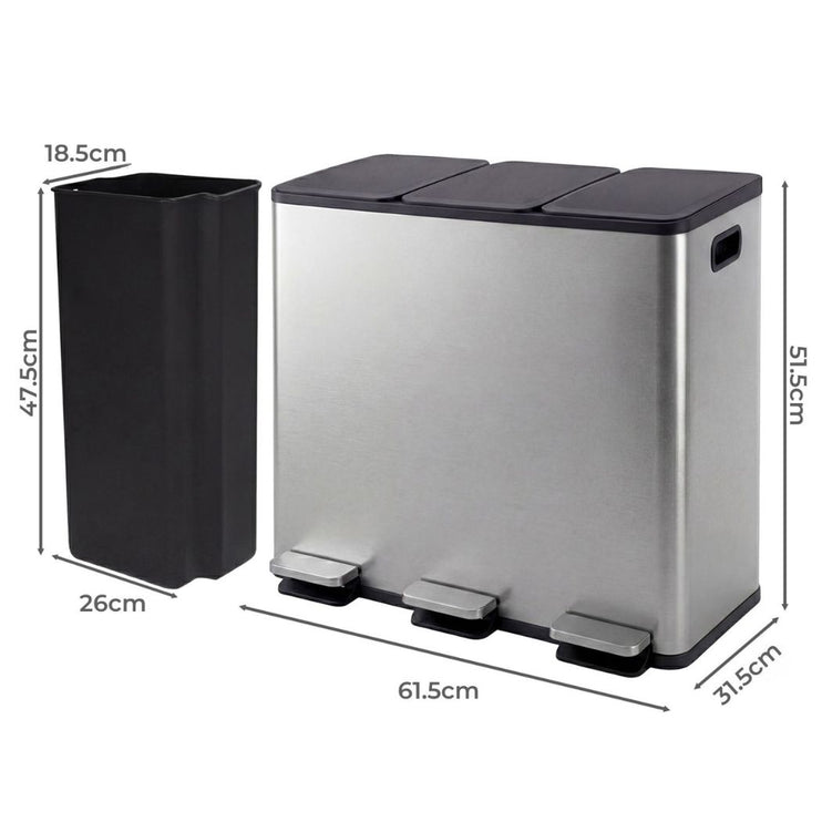 Toque Pedal Rubbish Bin Kitchen Trash Can Stainless Steel 3 x 18L Waterproof-2050056777290092546