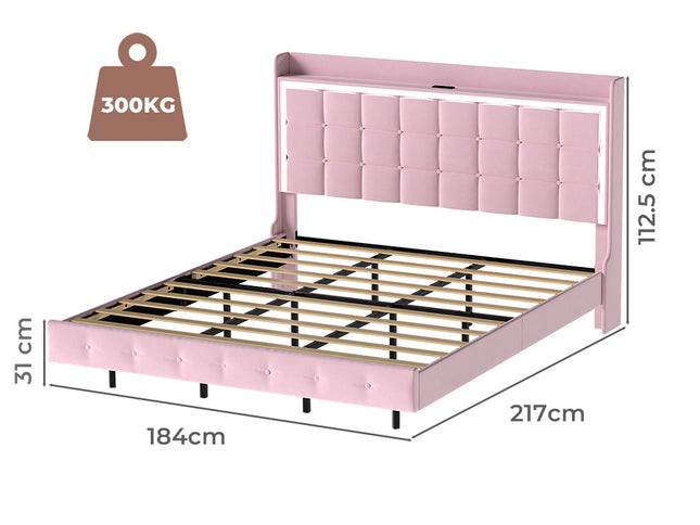 Levede King Floating Bed Frame LED Headboard USB Pink-2006732795224920066