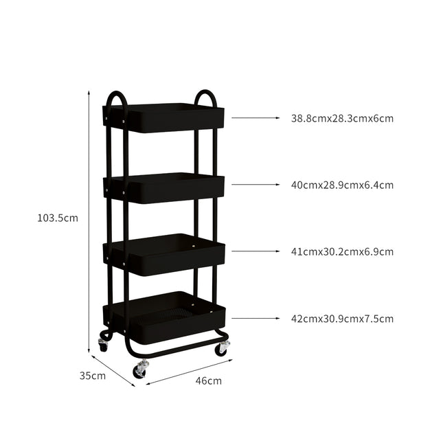 Levede 4 Tiers Kitchen Trolley Cart Black-1973193877439516674