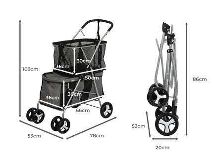 PaWz Pet Stroller 2-Tier Dog Cat Carrier Foldable-1864184625967009794