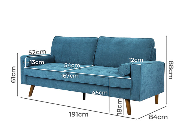 Levede Fabric Sofa Armchair 3 Seater Couch Blue 191cm Wide-1973193704135069698