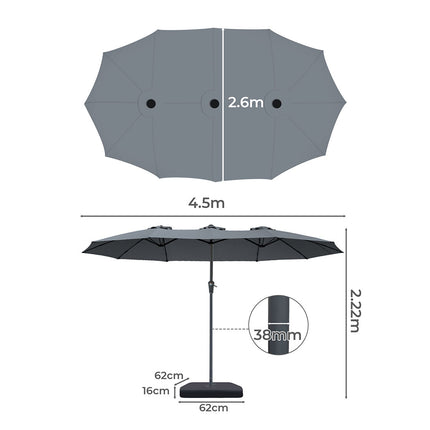 Centra 4.5M Double-sided Patio Umbrella Outdoor Umbrella Base Stand Grey-1973193482596126722