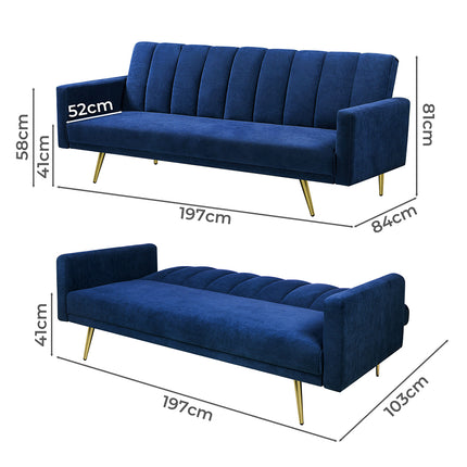 Levede Sofa Bed Convertible Velvet Lounge Recliner Couch Sleeper 3 Seater Blue-1975420375567306754