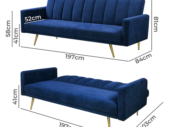 Levede Sofa Bed Convertible Velvet Lounge Recliner Couch Sleeper 3 Seater Blue-1975420375567306754