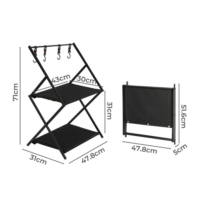 Levede Foldable Camping Storage Shelves 2 Layer with Hooks Black-1954802657151553538
