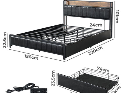 Levede Queen Bed Frame PU 4 Drawer USB Charge-1942353321201373186