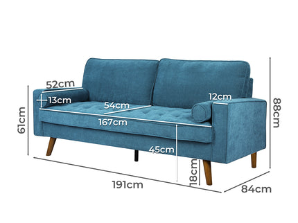 Levede Fabric Sofa Armchair 3 Seater Couch Blue 191cm Wide-1864184596522995714