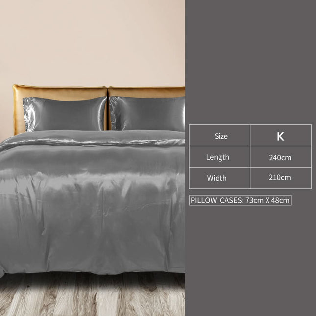 DreamZ Silky Satin Quilt Cover Set Bedspread Dark Grey King-1954802915591983106