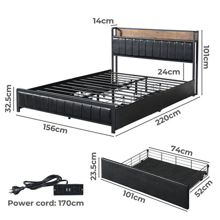 Levede Queen Bed Frame PU 4 Drawer USB Charge-1975420521386479618