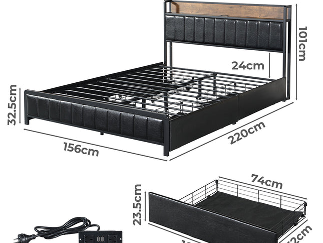 Levede Queen Bed Frame PU 4 Drawer USB Charge-1975420521386479618