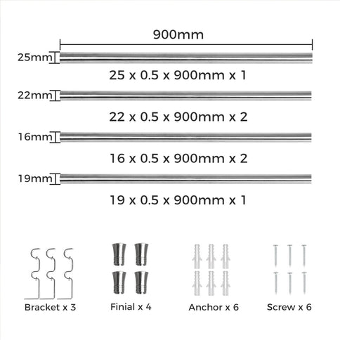 Marlow Silver Double Curtain Rod Steel Pole Pommel Set Extendable Adjustable-1910112209267200002