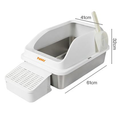 Pawz Stainless Steel Cat Litter Box Big Cats Kitten High Sided Easy Clean White-2029334098350313474