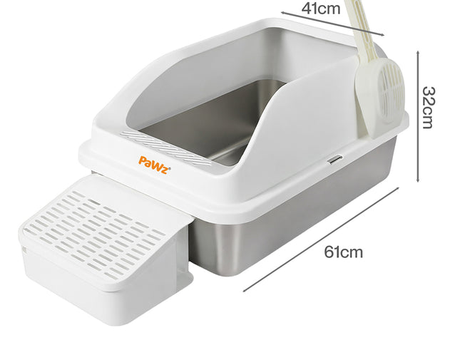 Pawz Stainless Steel Cat Litter Box Big Cats Kitten High Sided Easy Clean White-2029334098350313474