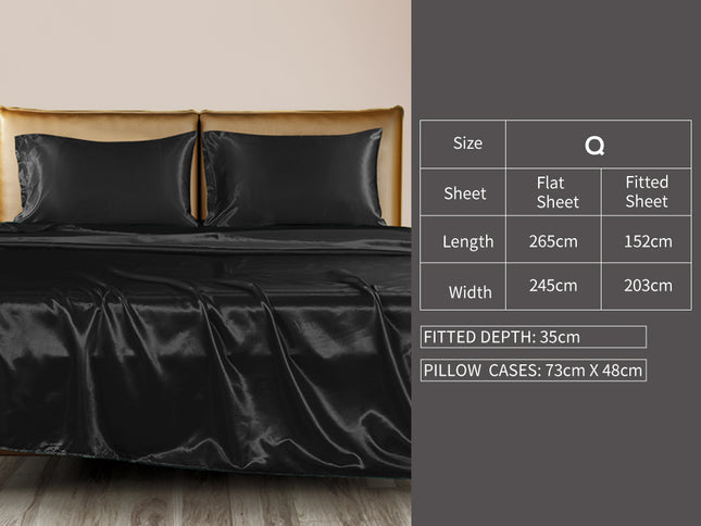 DreamZ Silky Satin Sheets Fitted Flat Queen Black-1973194024038830082
