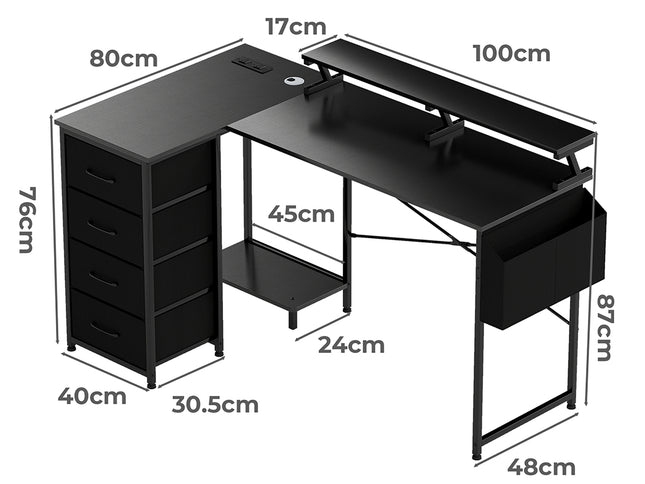 Levede L Shaped Gaming Desk with Storage Drawers Black-2006733412379004930