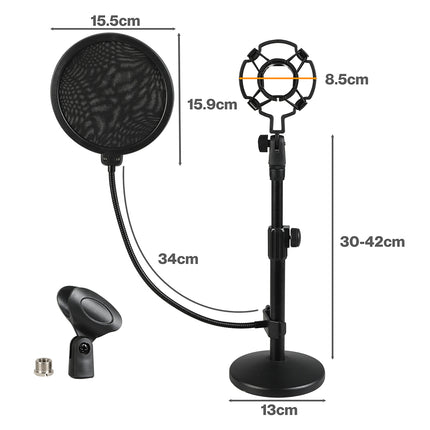 Levede Desktop Microphone Stand Adjustable Pop Filter Shock Mount Base Kit Black-2065254308319989762