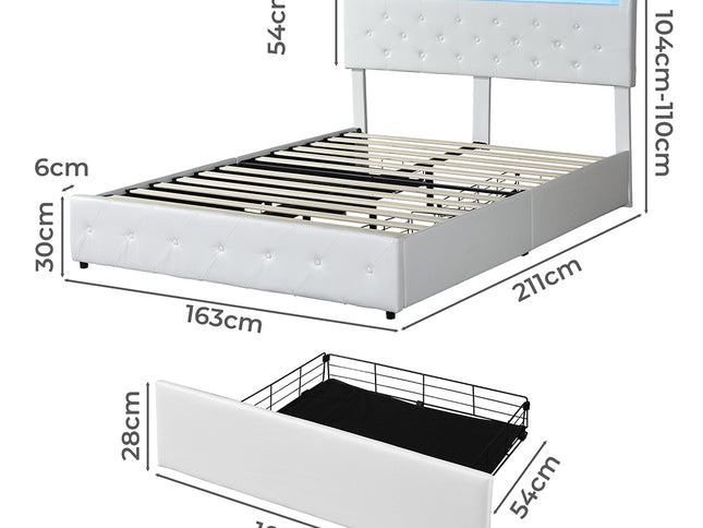 Levede Queen Bed Frame RGB LED PU 4 Drawer USB-1975420521206124546