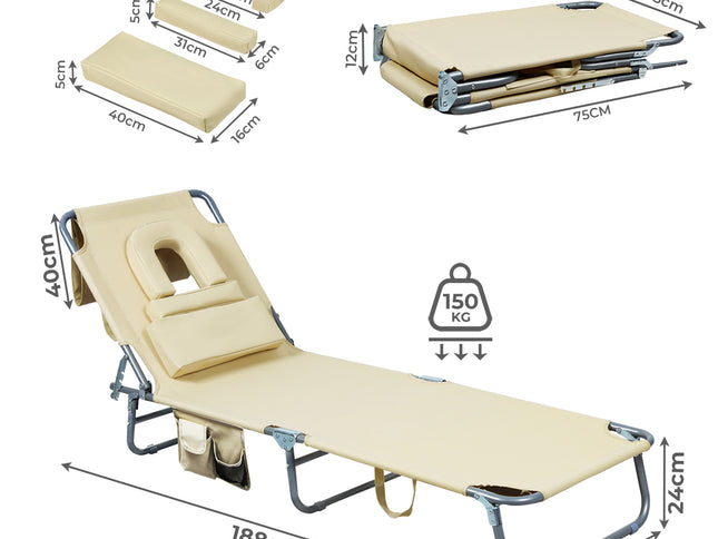 Levede Foldable Beach Lounge Chairs with Face Hole Khaki-1973193484198350850