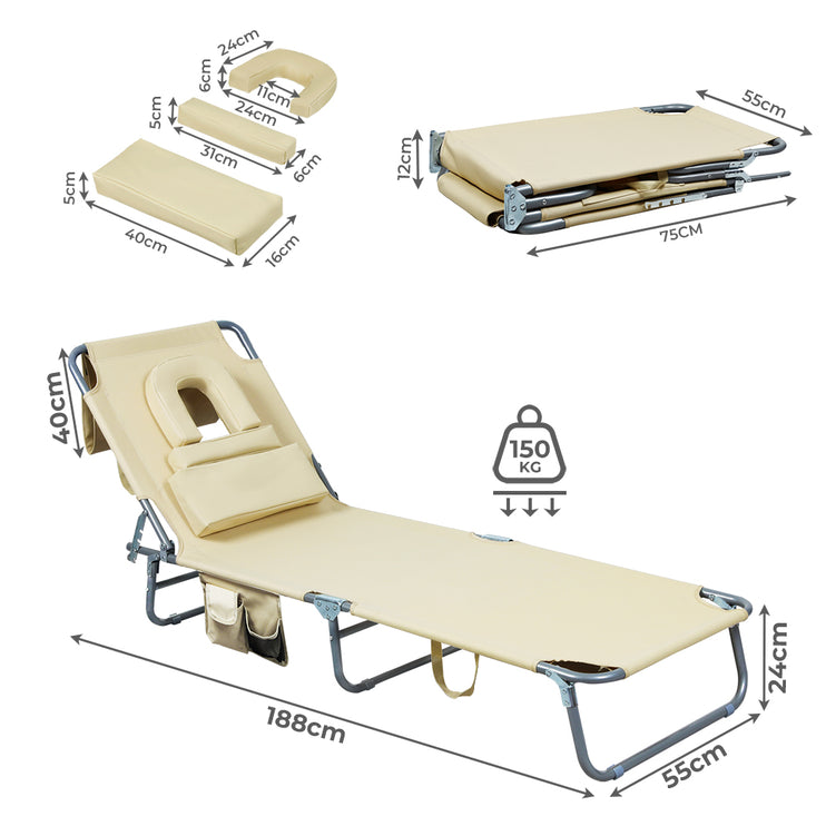 Levede Foldable Beach Lounge Chairs with Face Hole Khaki-1973193484198350850