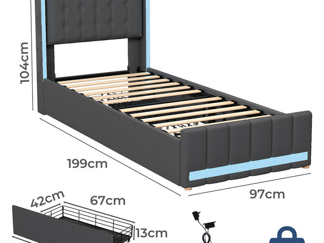 Levede Single Bed Frame Fabric Storage Drawer LED USB-2006733382138073090