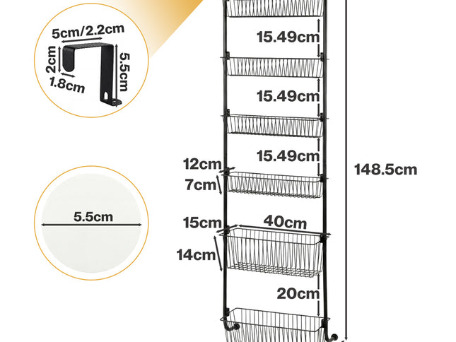 Toque Over the Door Pantry Organiser 6 Tiers Metal Hanging Storage Rack Black-2050059015542673410
