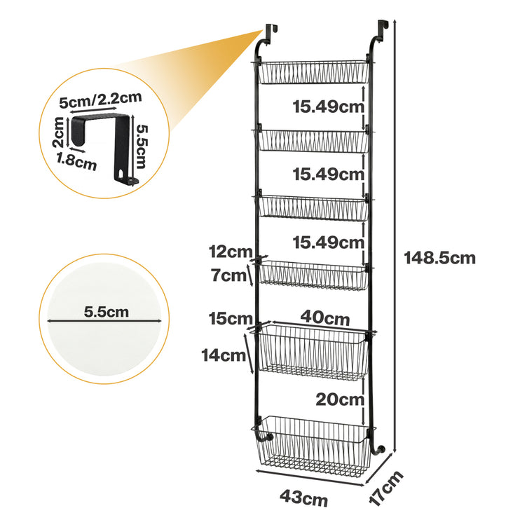Toque Over the Door Pantry Organiser 6 Tiers Metal Hanging Storage Rack Black-2050059015542673410