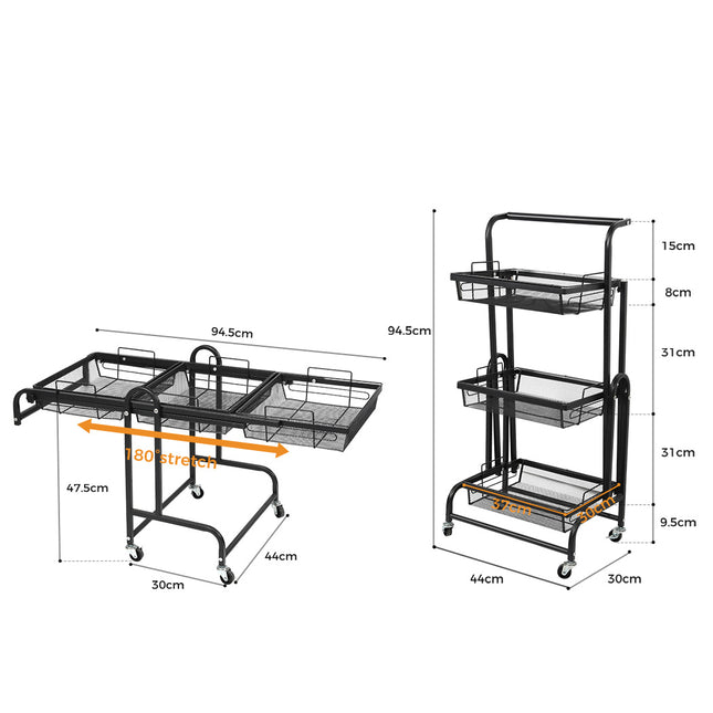 Levede 3 Tier Kitchen Trolley Cart Swivel Black Colour-1975420477254012930