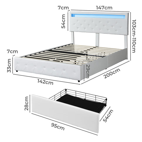 Levede Double Bed Frame RGB LED PU 4 Drawer USB-1910112197502177282