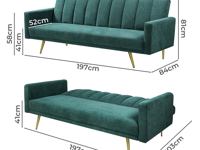 Levede Sofa Bed Convertible Velvet Lounge Recliner Couch Sleeper 3 Seater Green-1973193800419512322