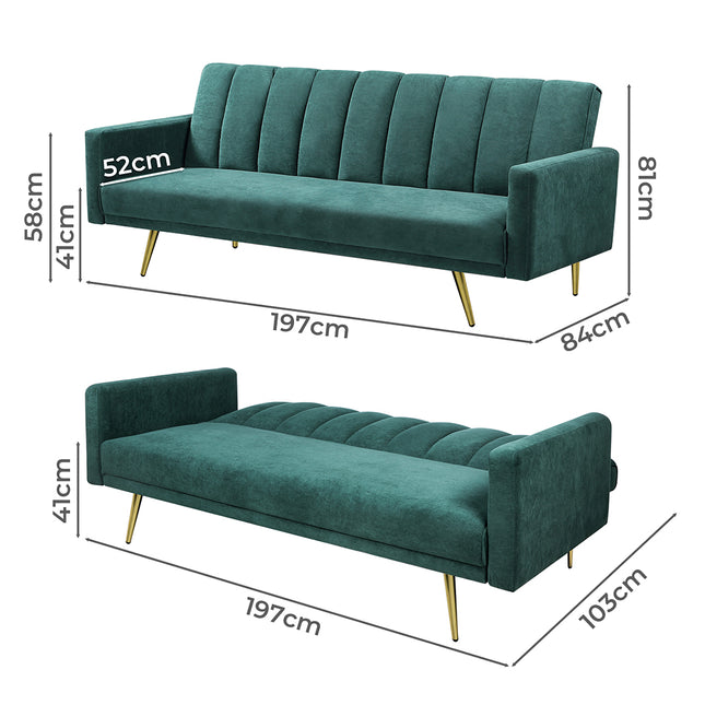 Levede Sofa Bed Convertible Velvet Lounge Recliner Couch Sleeper 3 Seater Green-1973193800419512322