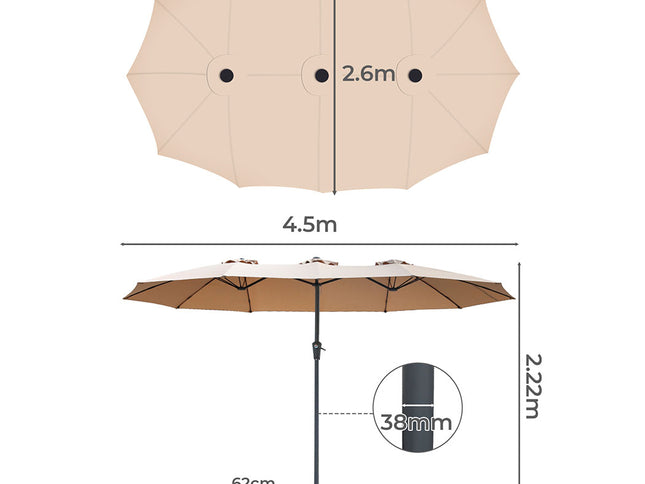 Centra 4.5M Double-sided Patio Umbrella Outdoor Umbrella Base Stand Khaki-1973193482810036226