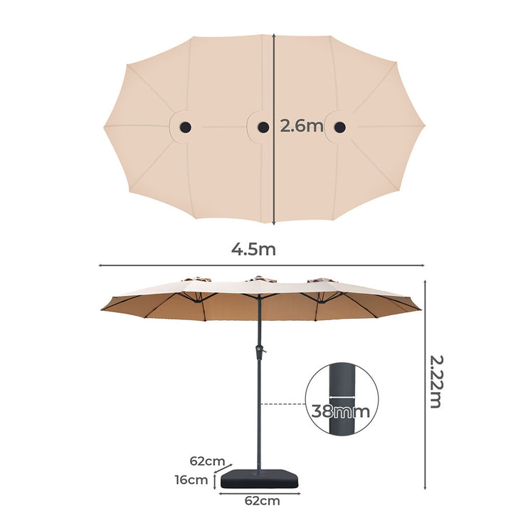 Centra 4.5M Double-sided Patio Umbrella Outdoor Umbrella Base Stand Khaki-1973193482810036226