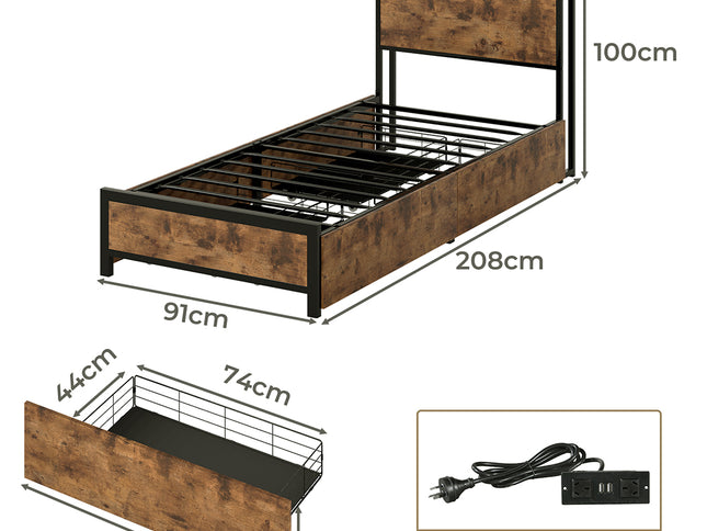 Levede Single Bed Frame Industrial Storage LED Charing-2011971104519884802