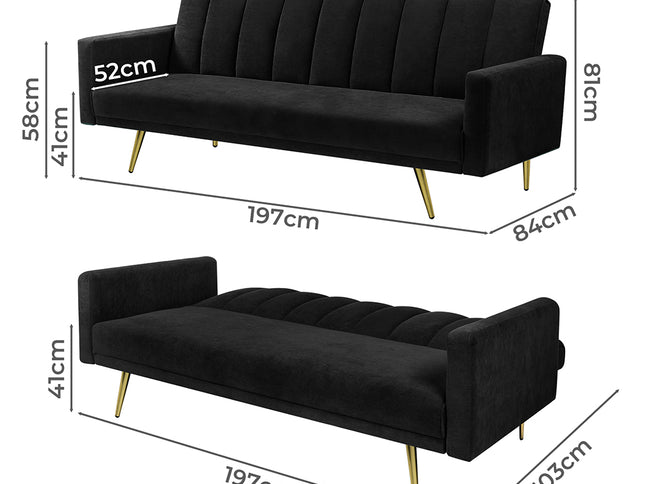 Levede Sofa Bed Convertible Velvet Lounge Recliner Couch Sleeper 3 Seater Black-1975420375357591554