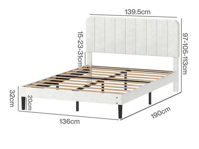 Levede Double Bed Frame Upholstered Adjustable Headboard Bed Platform White-2065254299478396930