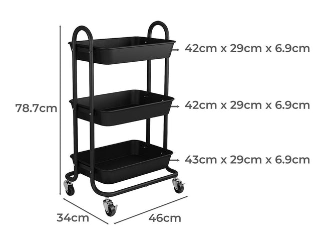 Levede 3 Tiers Kitchen Storage Trolley Black-1973193878030913538