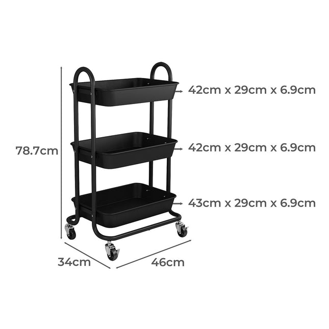 Levede 3 Tiers Kitchen Storage Trolley Black-1973193878030913538