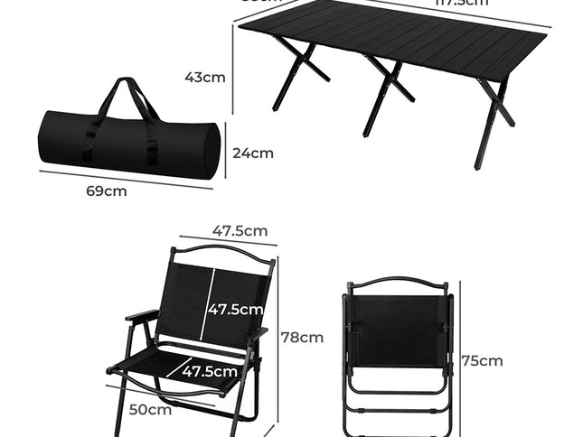 Levede Folding Camping Table Chair Set Black-1973194001569943554
