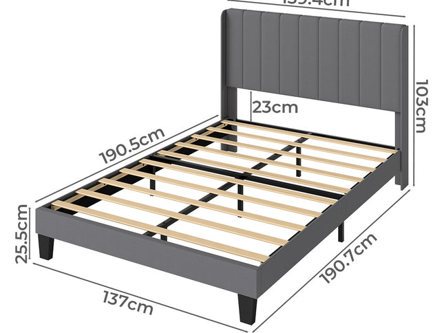 Levede Metal Wooden Bed Frame Double Panel Plush Upholstered Soft Headboard Grey-2065254298467569666