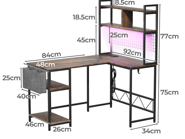 Levede L Shaped Gaming Desk with LED Lights Brown-1910112202766028802
