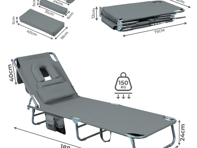 Levede Foldable Beach Lounge Chairs with Face Hole Grey-1973193483959275522