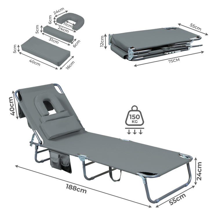 Levede Foldable Beach Lounge Chairs with Face Hole Grey-1973193483959275522