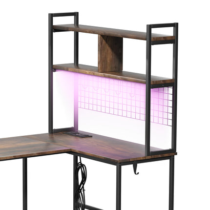 Levede L Shaped Gaming Desk with LED Lights Brown-1975420387298775043