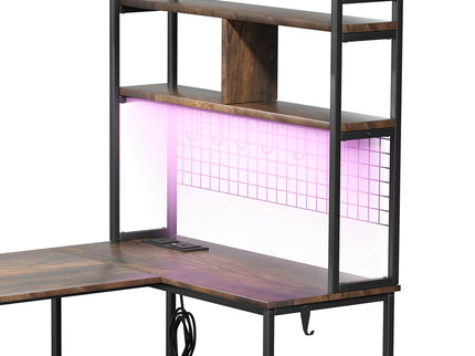 Levede L Shaped Gaming Desk with LED Lights Brown-1910112202766028803
